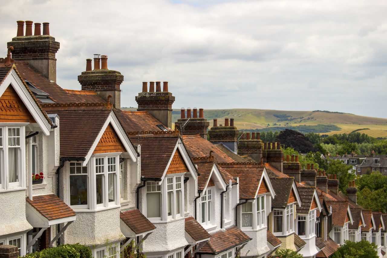 View of terrace housing looking down St. Swithun&#039;s Terrace in Lewes, East Sussex