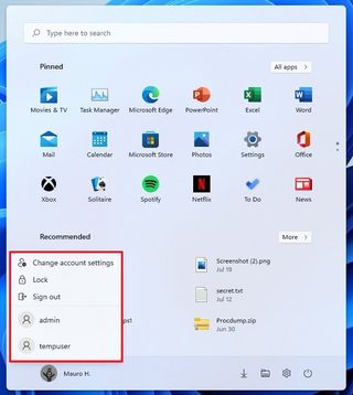 Windows 11 Start profile menu