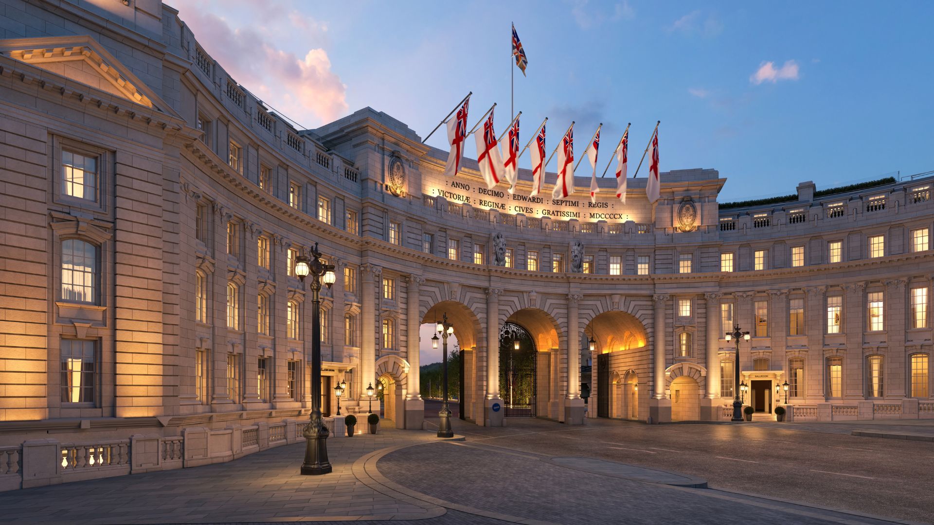 an image of the exterior of the admiral's arch at dusk