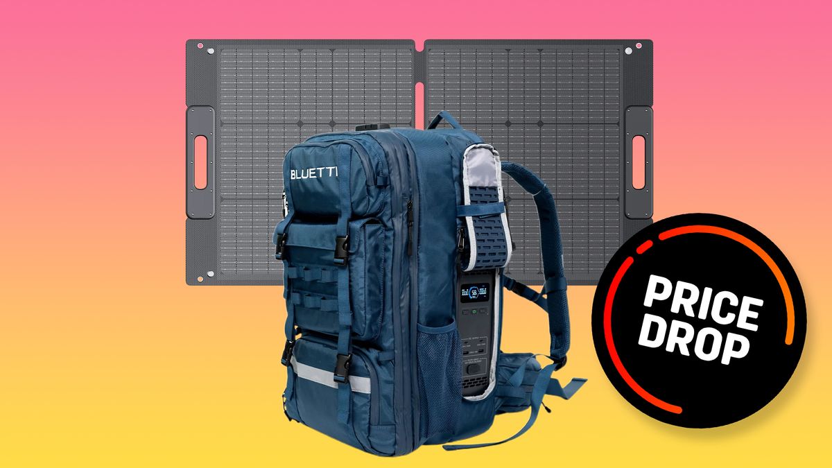 Bluetti Handsfree 2 combined backpack and power bank with solar panel on pink-to-yellow background with Price Drip flash