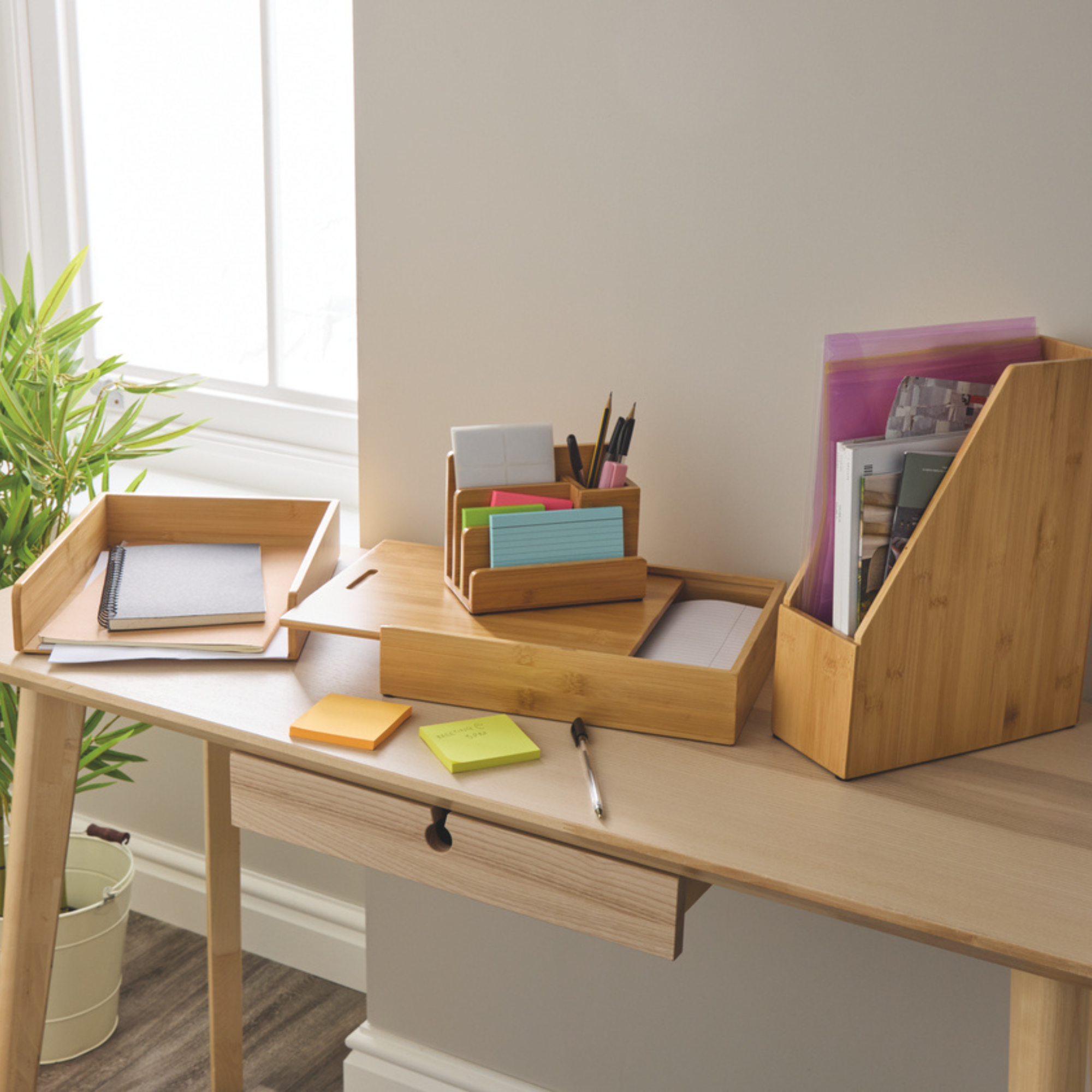 Aldi bamboo desk organisers on a wooden desk