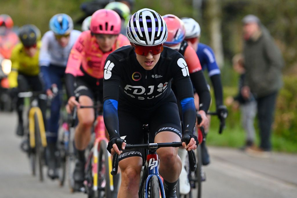 LIEGE BELGIUM APRIL 24 Grace Brown of Australia and Team FDJ Suez competes in the breakaway during the 8th Liege Bastogne Liege Femmes 2024 a 1529km one day race from Bastogne to Liege UCIWWT on April 24 2024 in Liege Belgium Photo by Luc ClaessenGetty Images