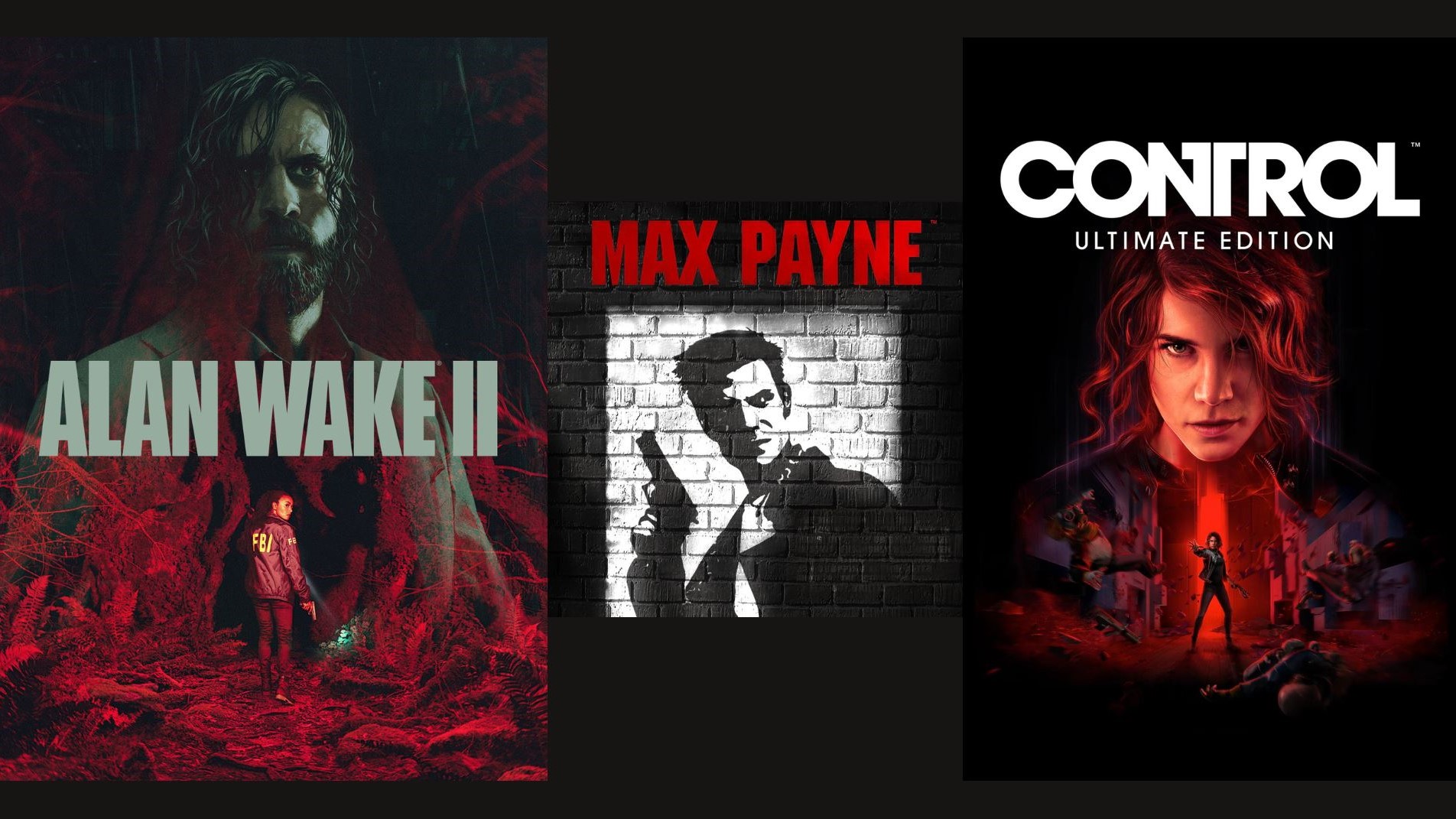 Images of 3 Remedy games, Alan Wake 2, Max Payne, Control