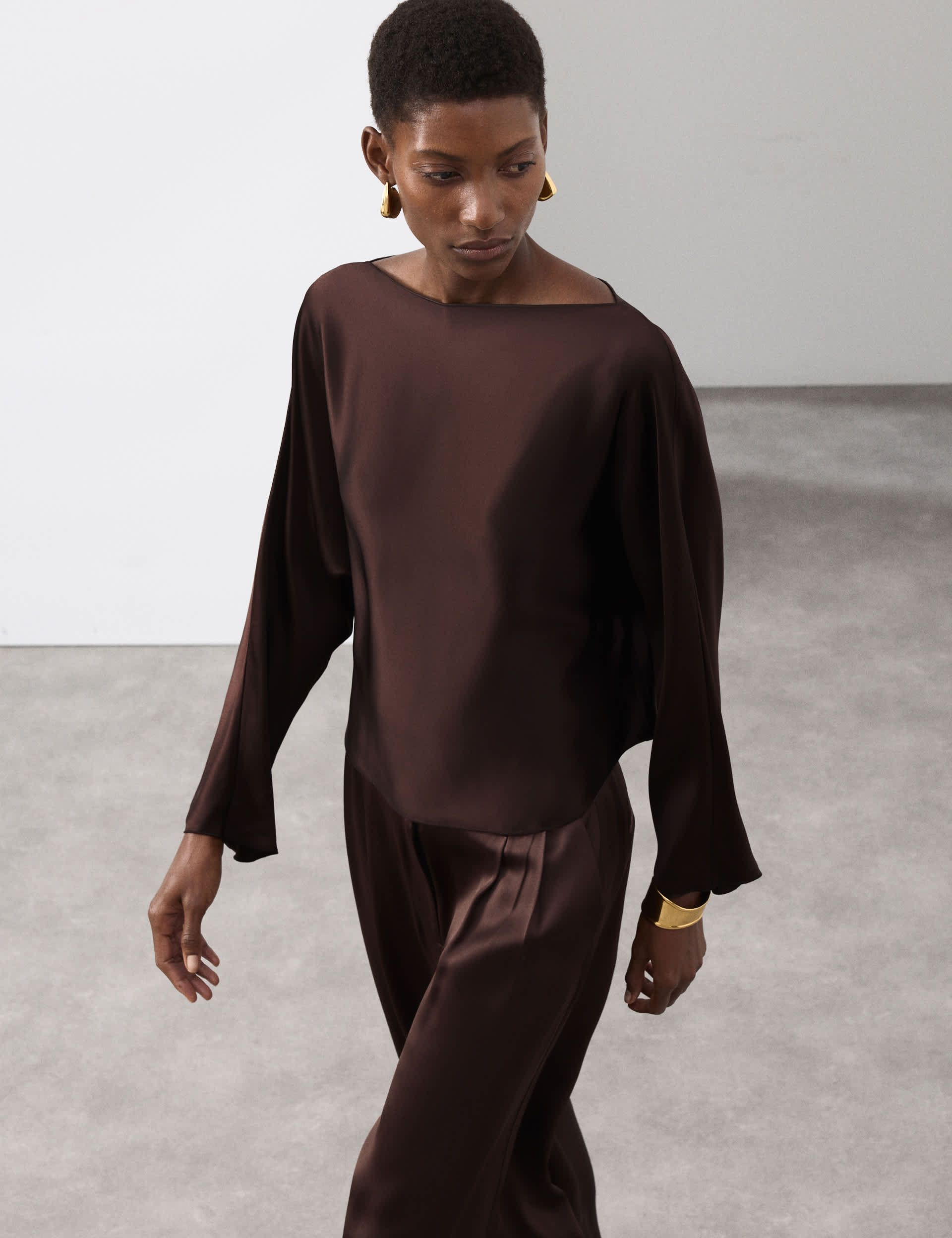 Satin Draped Slash Neck Blouse