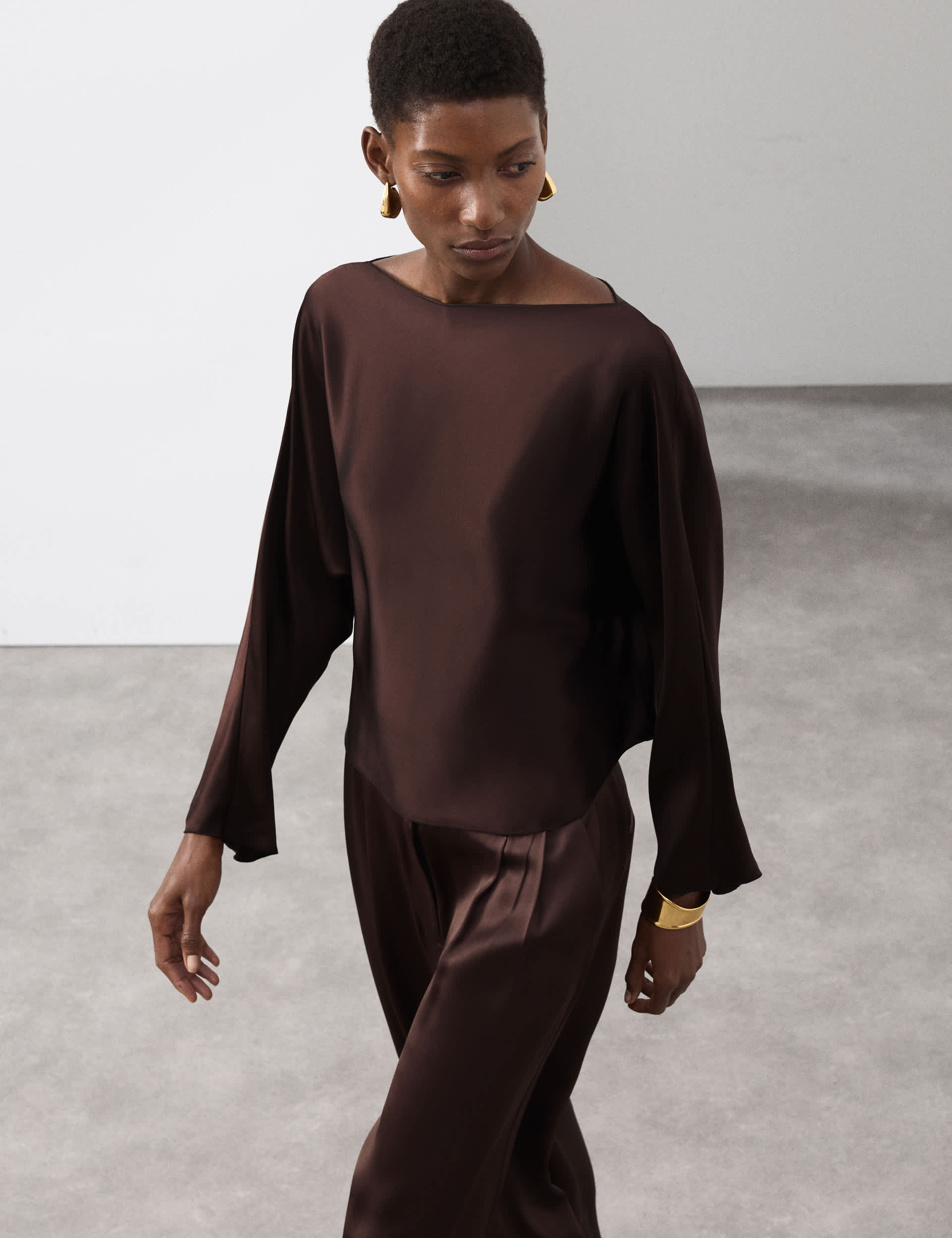 Satin Draped Slash Neck Blouse