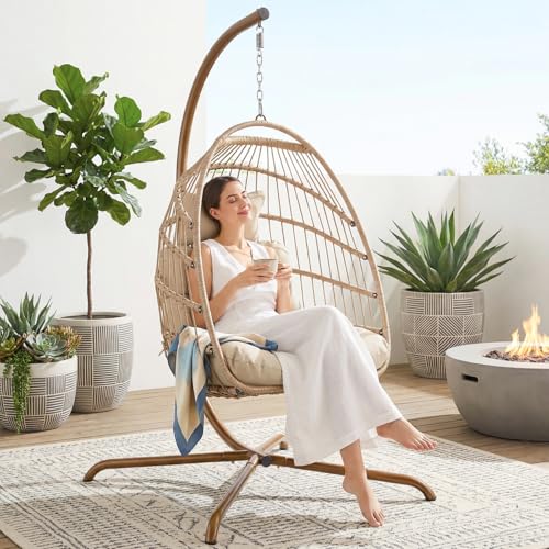 Nicesoul Hanging Egg Chair With Stand Indoor Outdoor, Comfy Patio Rattan Swing Hammock Chairs With Cushion, 350lbs Capacity Egg Shaped Chair for Lawn Backyard Balcony Bedroom, Birthday Gift, Beige