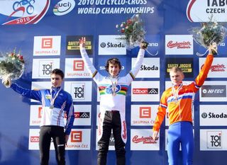 Junior men's podium: Julian Alaphilippe (2nd, France), World Champion Tomas Paprstka (1st, Czech Republic) and Emiel Dolfsma (3rd, Netherlands)