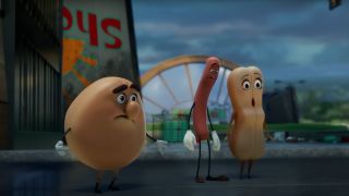 Sentient food looking worried in Sausage Party Foodtopia