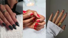 Collage of three different nail shapes including almond and squoval