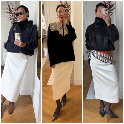 collage of Irene Kim wearing pencil skirts 