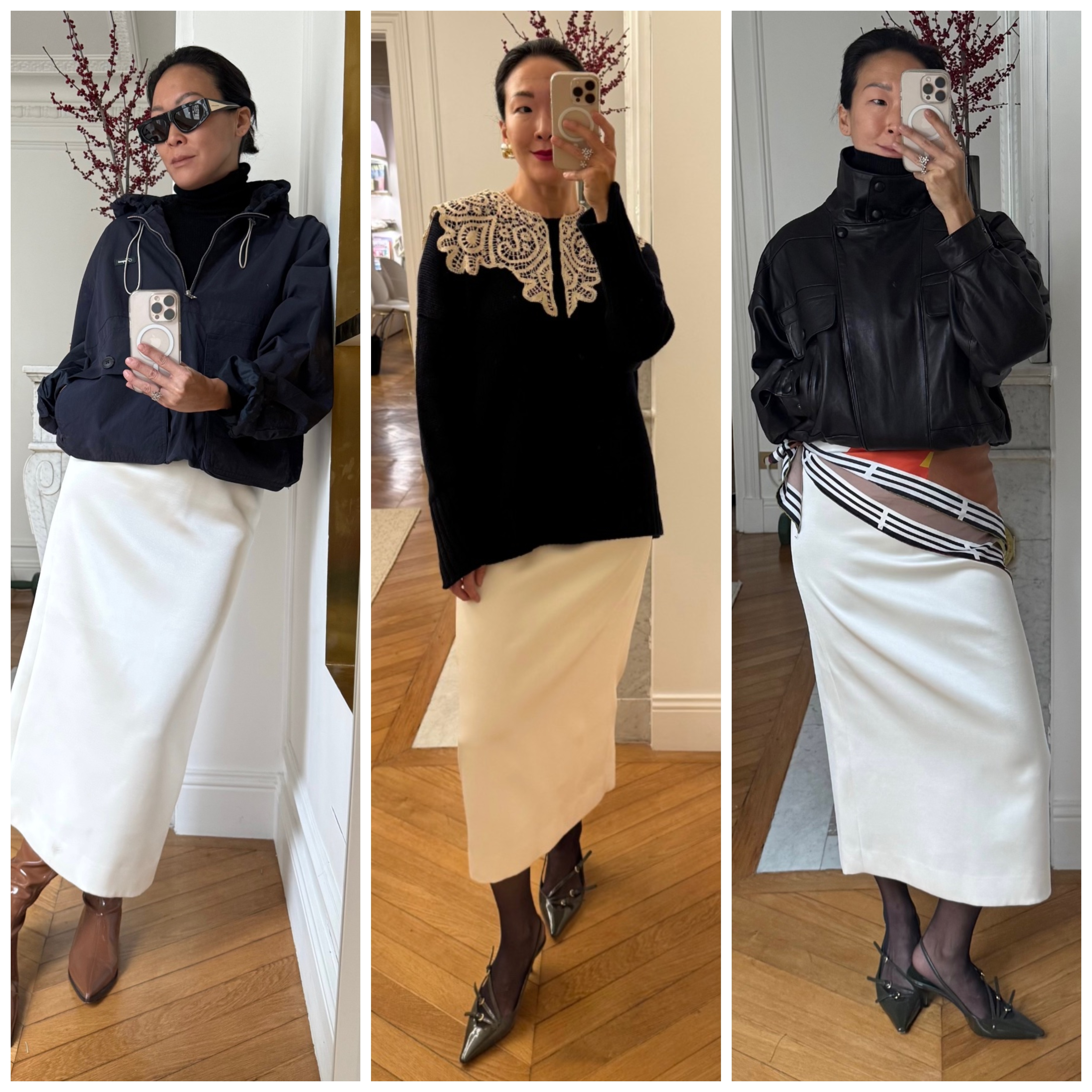 collage of Irene Kim wearing pencil skirts 