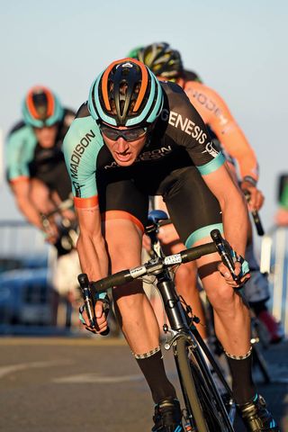 Tom Stewart powers into the late evening sunshine in Gorey, Jersey during the finale to the 2014 Tour Series. Stewart eventually soloed to an impressive victory on the island.
