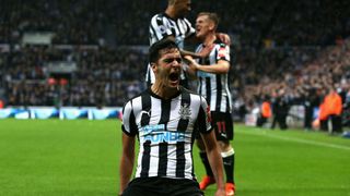 Mikel Merino celebrates on his knees inside St James&#039; Park after scoring for Newcastle United