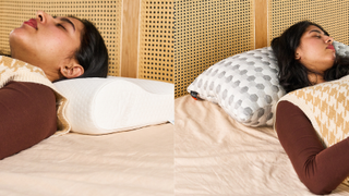 Woman sleeping on the Tempur Neck pillow on the left and the Layla Kapok Adjustable pillow on the right