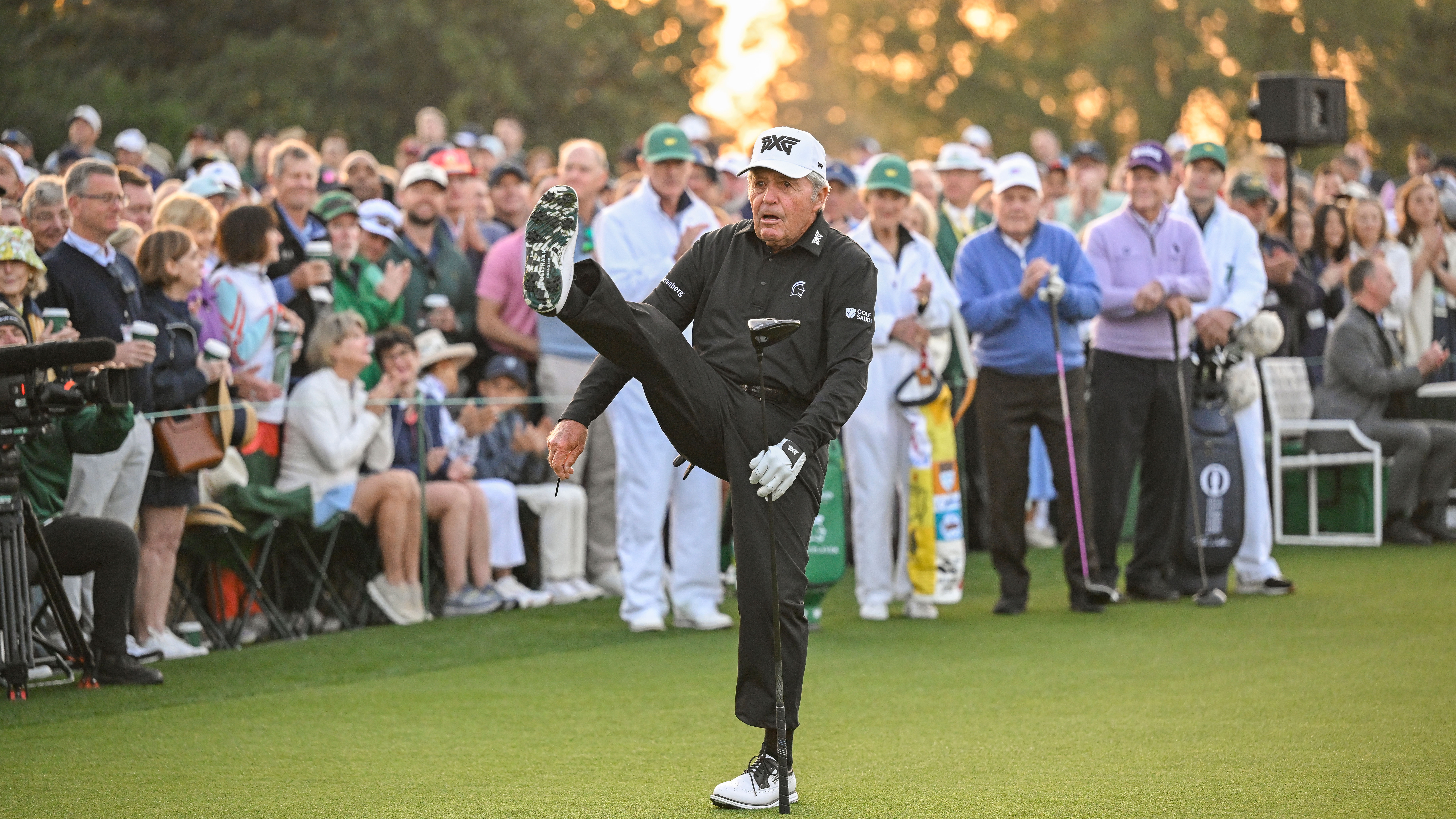 Gary Player stretching his legs at Augusta National prior to the Masters Tournament