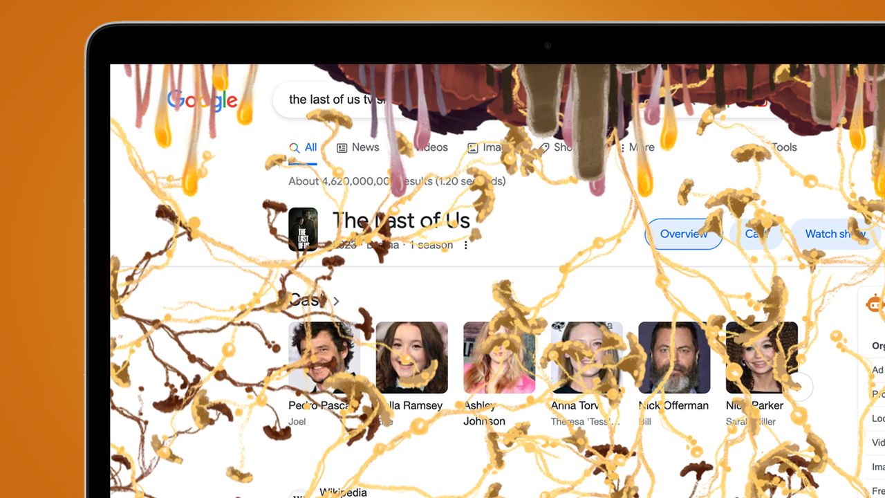 A laptop screen on an orange background showing a Google easter egg for The Last of Us