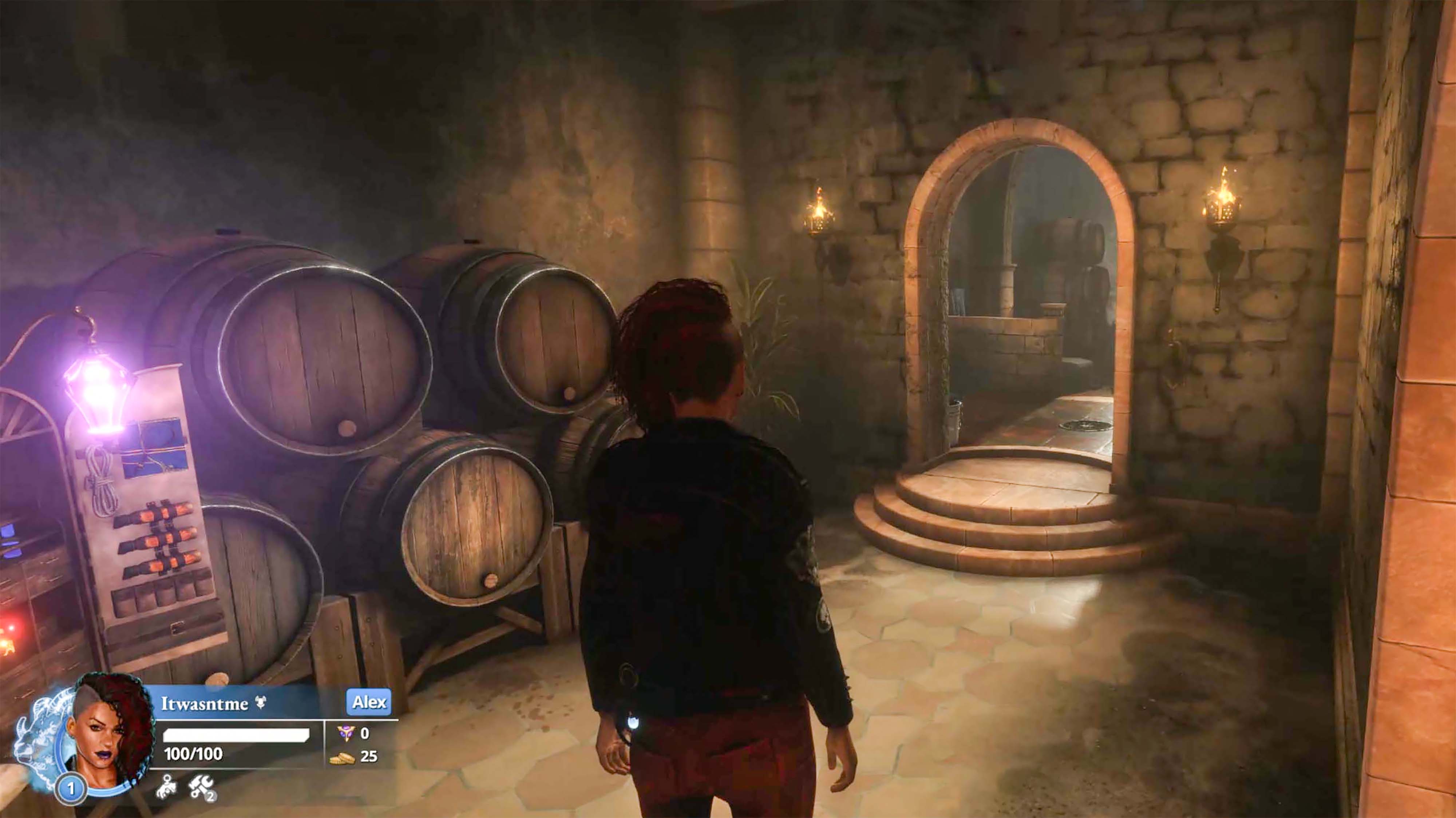 A screenshot from Killer Inn showing a character standing near wine barrels and looking down a corridor. 