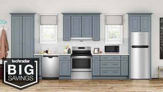 A kitchen featuing a selection of appliances such as a oven, refrigerator and dishwasher on sale in the Best Buy Presidents Day sale