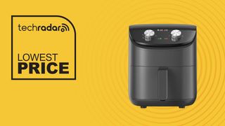Instant Compact air fryer on yellow background with lowest price text overlay