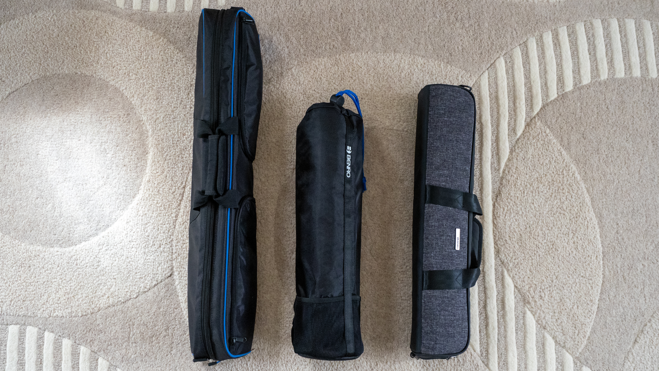 Benro Mach3, Benro Rhino and Benro Tortoise tripods in their carrying cases