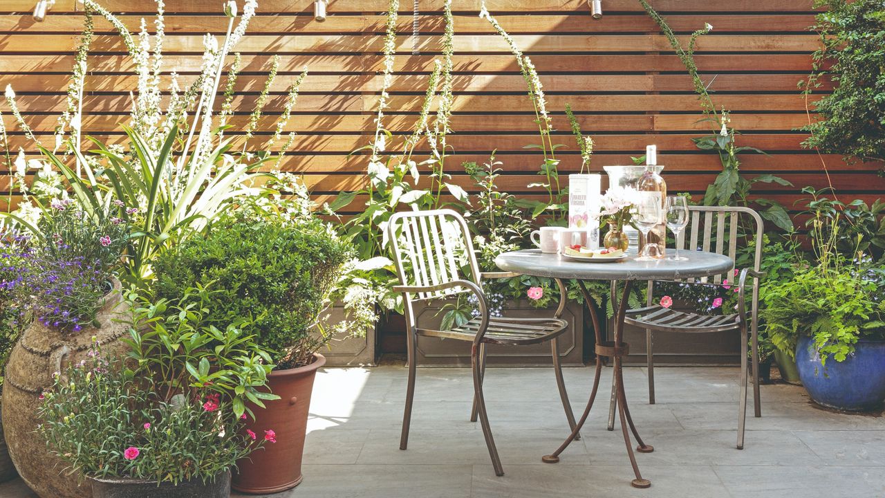 Metal bistro set table and chairs in garden surrounded by potted plants and climbing plants