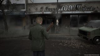 James approaches the front of a store armed with a piece of wood in Silent Hill 2.