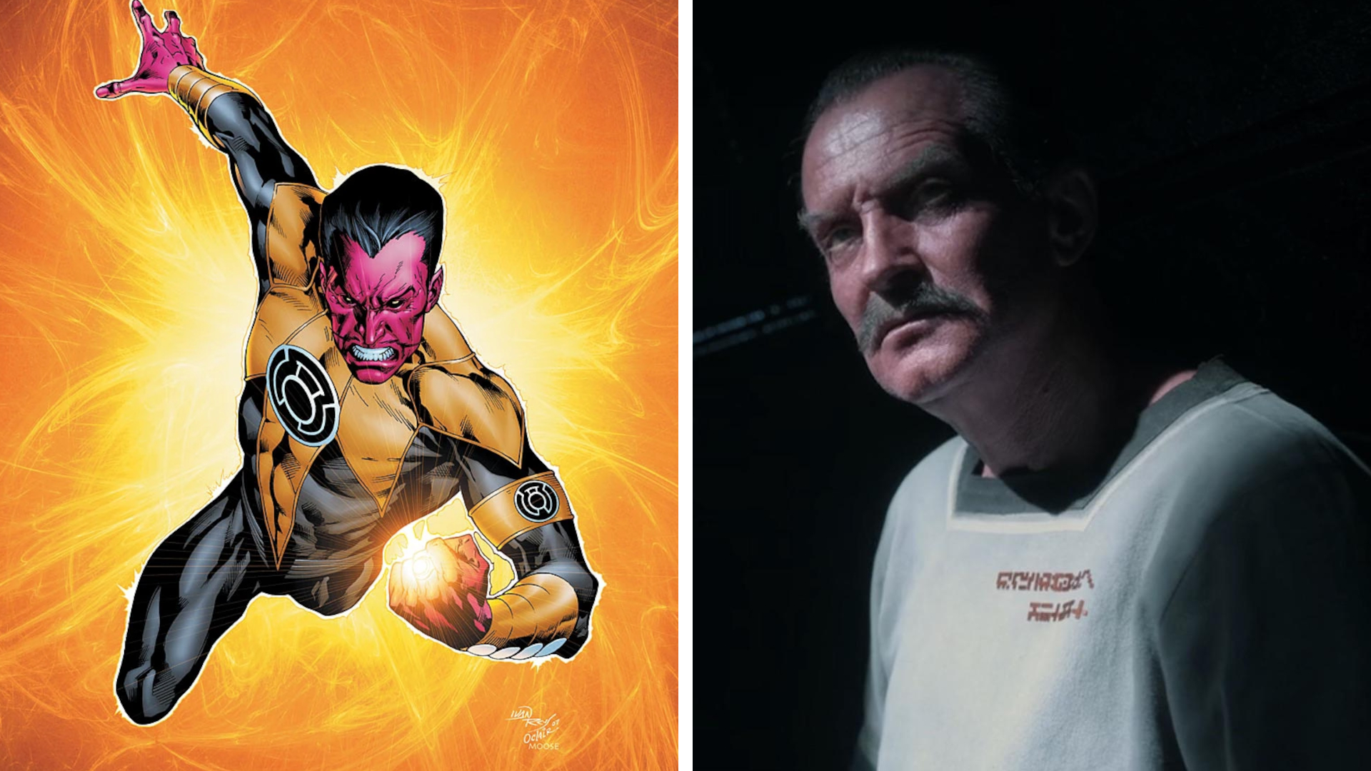 Split image showing Sinestro in the Green Lantern comics (left) and in the HBO show "Lanterns", played by Ulrich Thomsen (right).