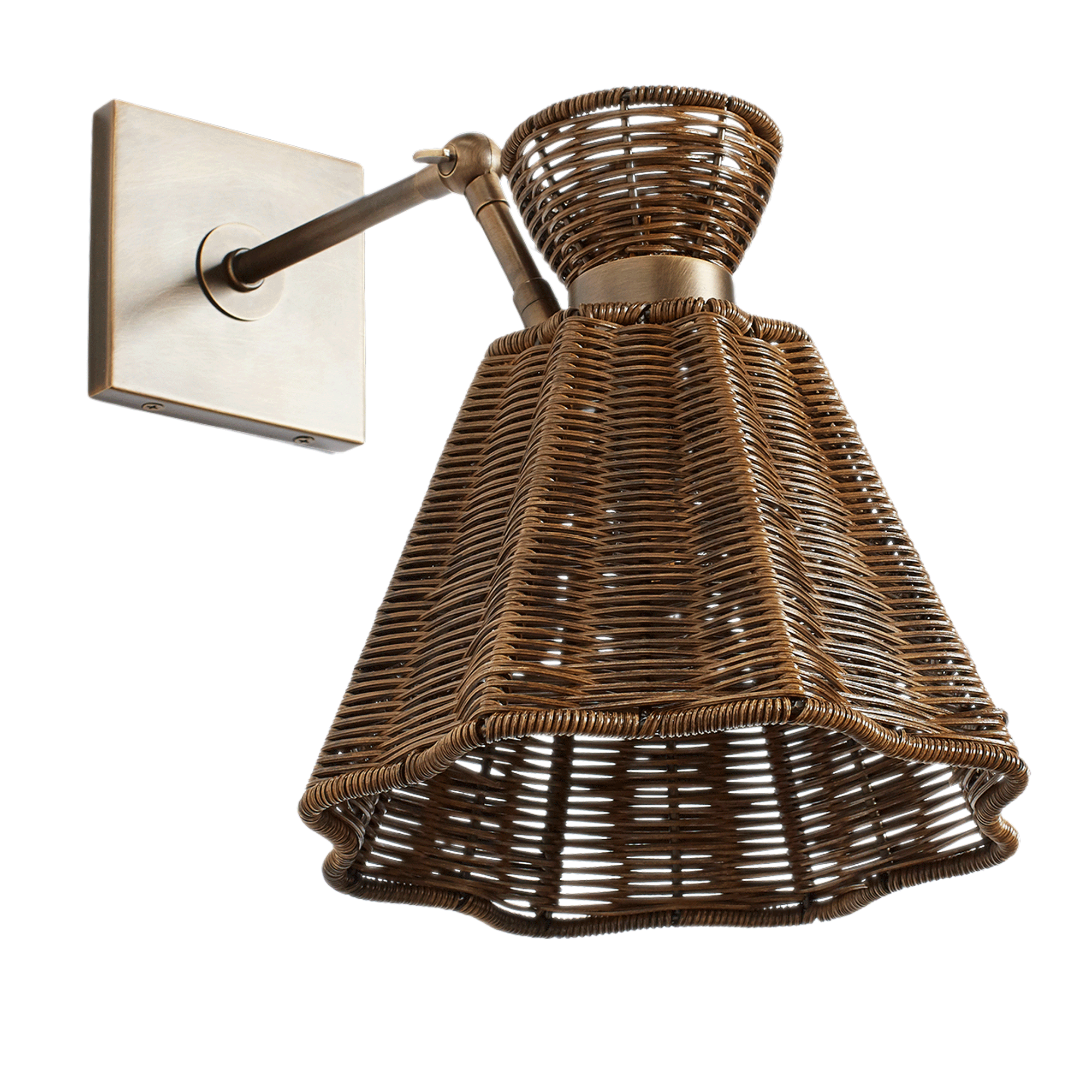 Oka-Concho-rattan-wall-light-in-antique-brass-and-rattan-Brown