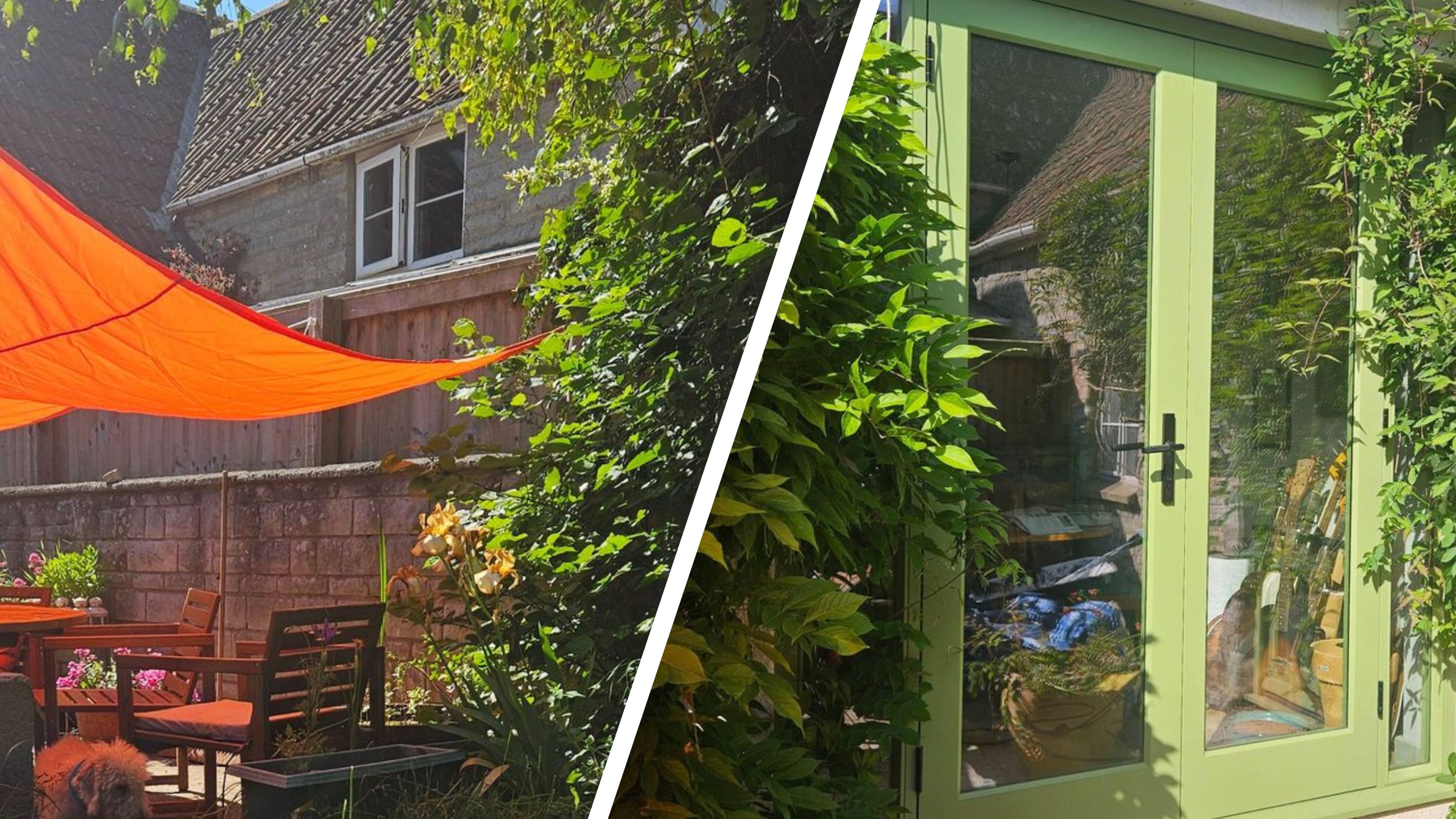 Spliced image showing a orange sail shade over garden dining furniture, and a green patio door with climbing plants either side