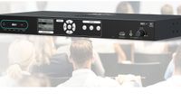 The new AVer MT500 NDI Matrix Auto Tracking Box superimposed over a lecture hall. 