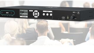 The new AVer MT500 NDI Matrix Auto Tracking Box superimposed over a lecture hall. 