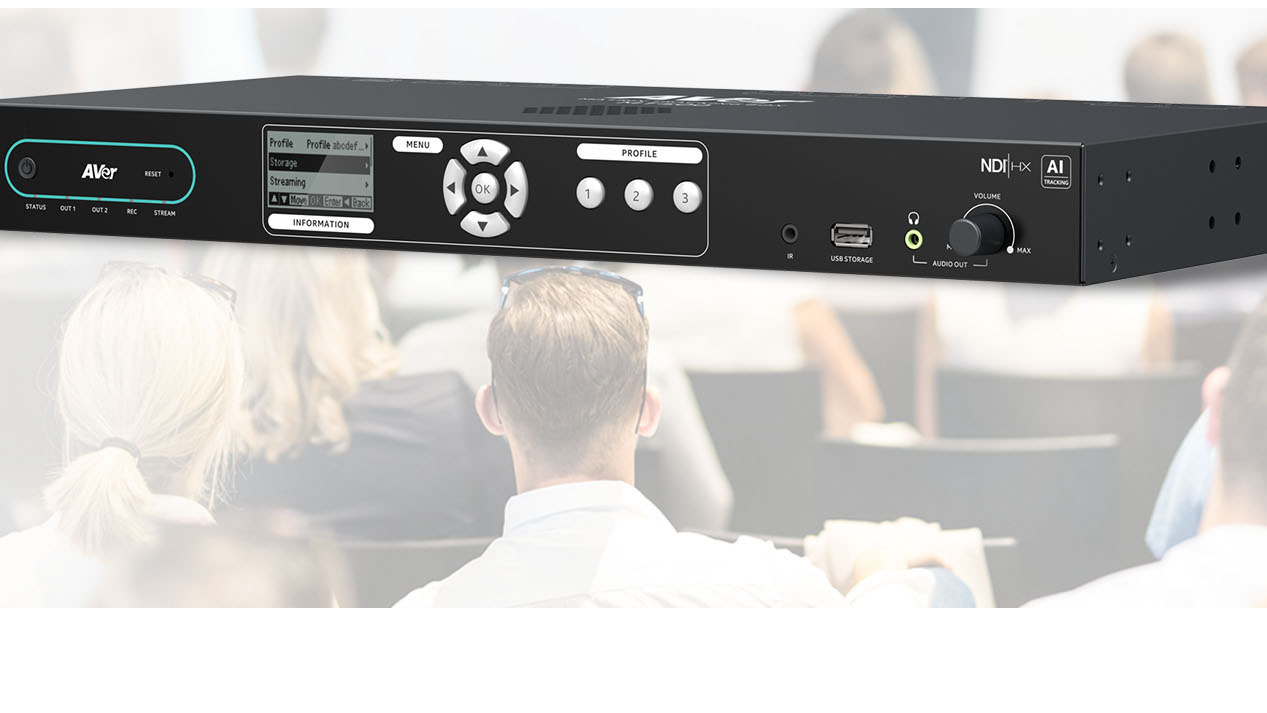 The new AVer MT500 NDI Matrix Auto Tracking Box superimposed over a lecture hall. 
