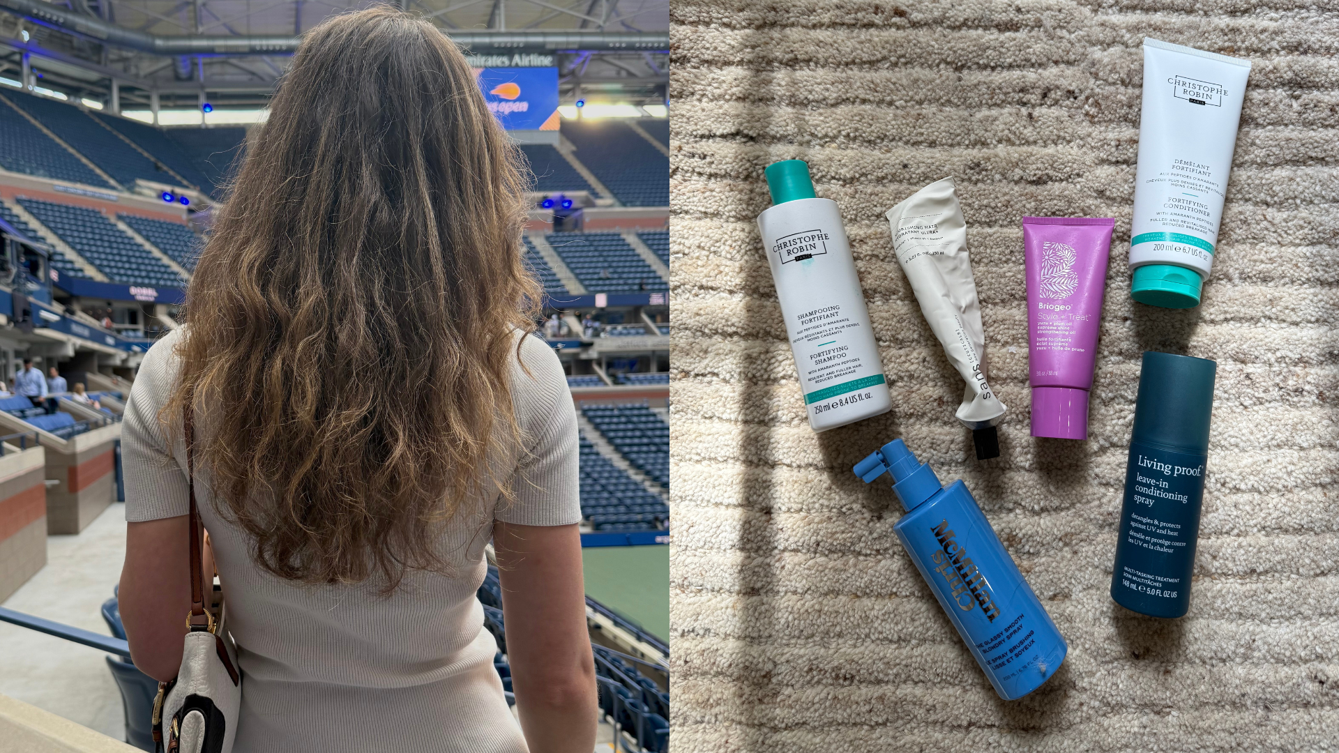 Photo collage of of Jamie Schneider&#039;s hair and favorite hair products 