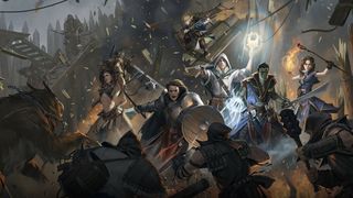 Promo image for Pathfinder showing adventurers in combat