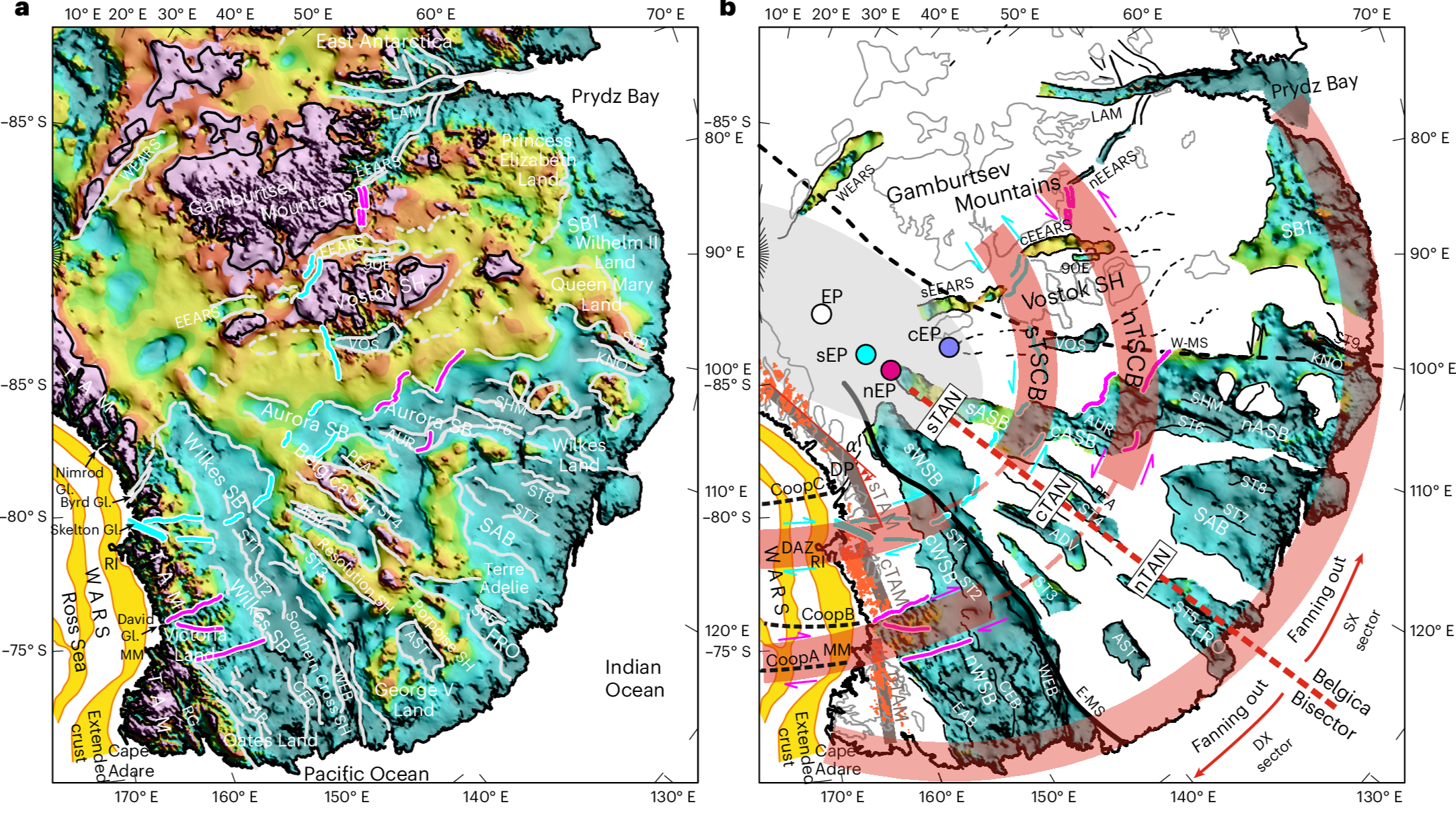 Two elevation maps of East Antarctica showing a fan-shaped structure on the bedrock beneath the ice.
