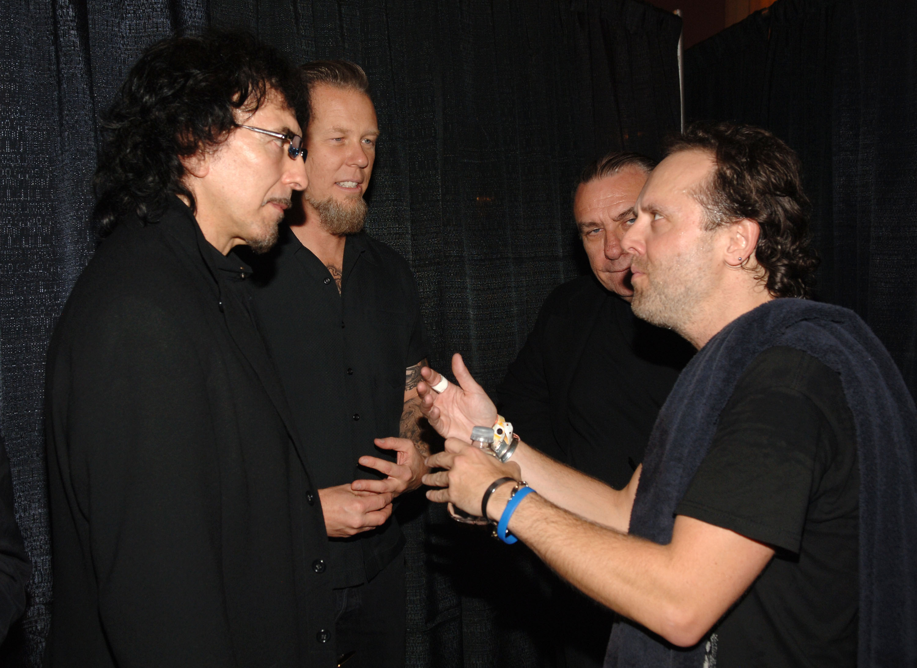 Tony Iommi of Black Sabbath, inductee, with James Hetfield of Metallica, Bill Ward of Black Sabbath, inductee, and Lars Ulrich of Metallica (Photo by Jamie McCarthy/WireImage)