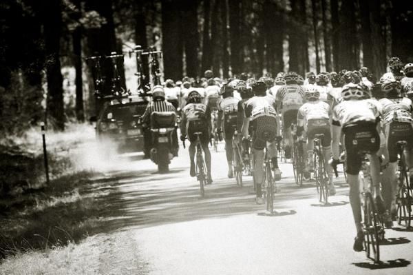 A team car making a pass on the bunch.