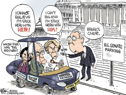 Political Cartoon U.S. Bernie Warren Klobuchar Democrats Iowa Caucus