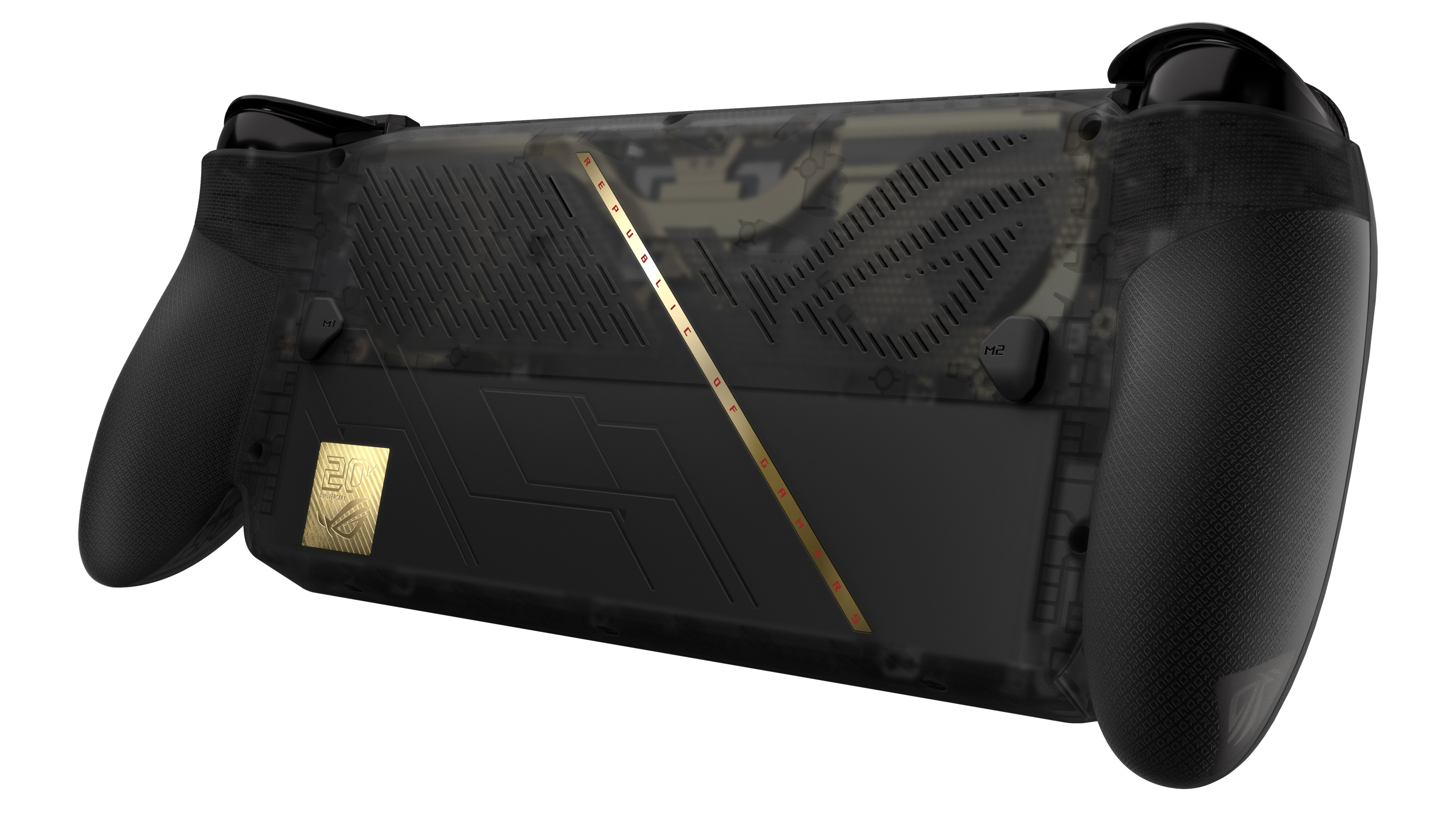 ASUS ROG XboxAlly X20 handheld gaming console with "Dare to Innovate" and "20th Anniversary" text on the screen. Sleek design, illuminated buttons, futuristic vibe.