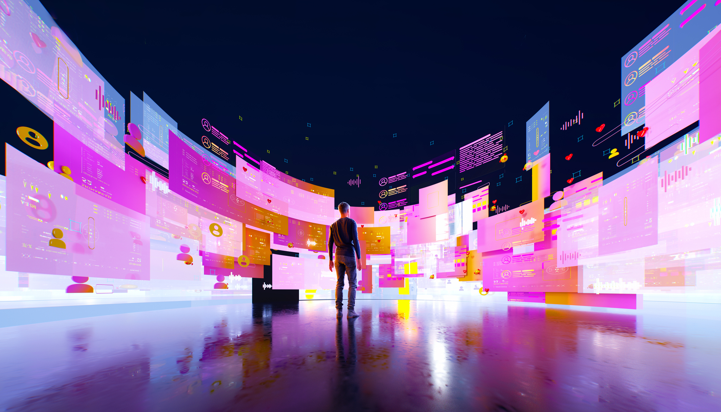 Investor surrounded by multicoloured semi transparent data screens