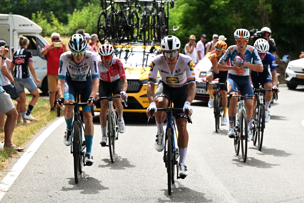 RIMINI ITALY JUNE 29 LR Matej Mohoric of Slovenia and Team Bahrain Victorious and Ryan Gibbons of South Africa and Team Lidl Trek compete in the breakaway during the 111th Tour de France 2024 Stage 1 a 206km stage from Firenze to Rimini UCIWT on June 29 2024 in Rimini Italy Photo by Tim de WaeleGetty Images