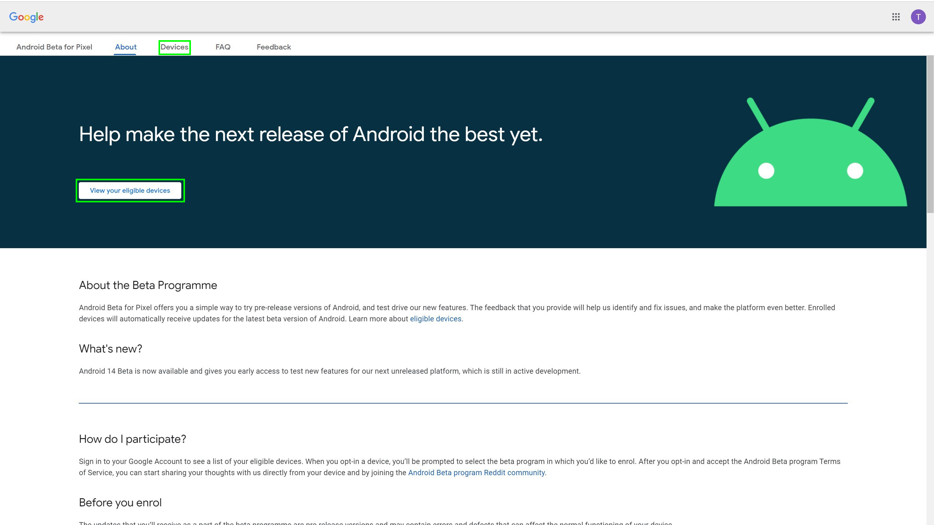 Снимок экрана страницы регистрации бета-версии Android 14, показывающий, где можно найти подходящие устройства.