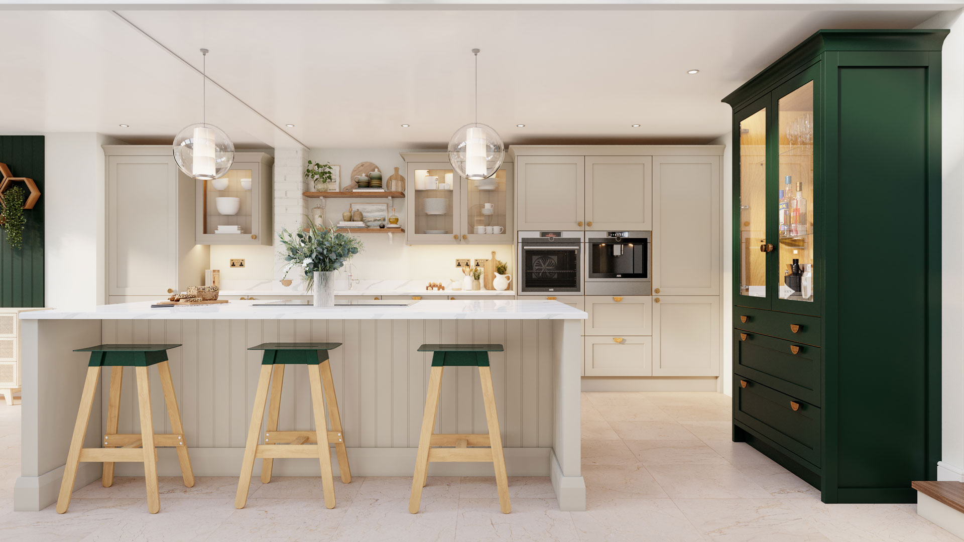 white kitchen with dark green dresser