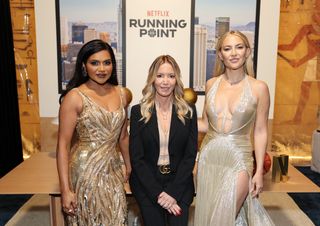 Mindy Kaling, Jeanie Buss and Kate Hudson attend Netflix's "Running Point" LA Premiere at The Egyptian Theatre Hollywood on February 13, 2025 in Los Angeles, California.