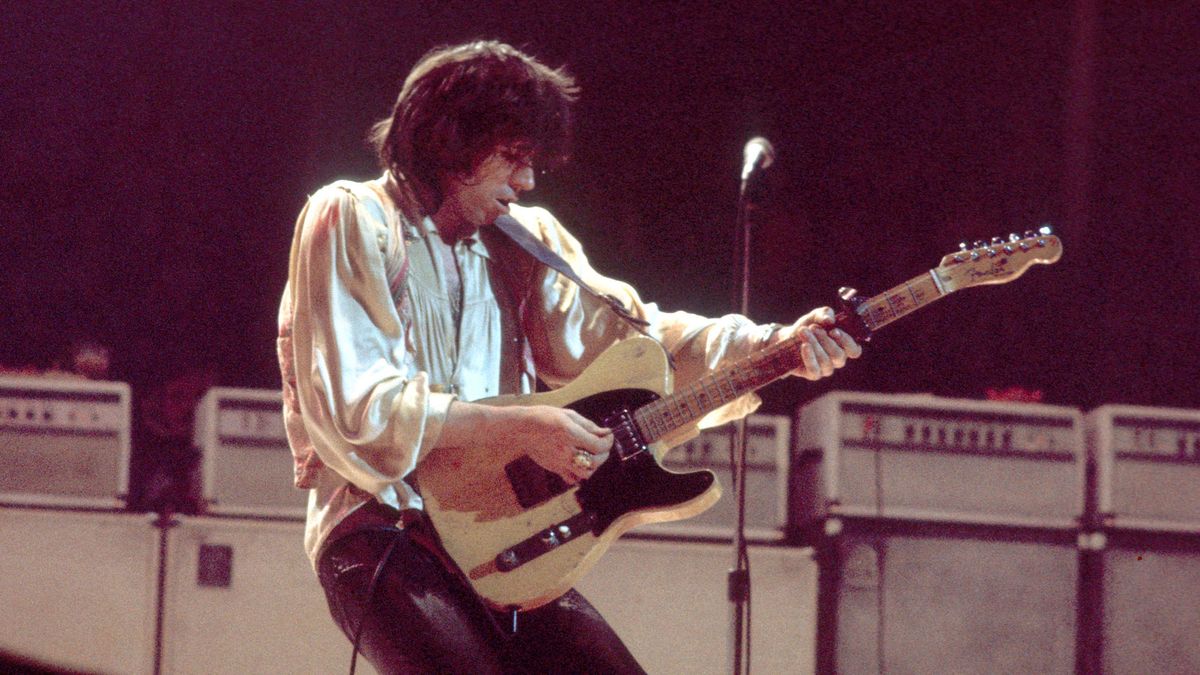 Photo of ROLLING STONES and Keith RICHARDS, with the Rolling Stones, performing live onstage, playing Fender Telecaster guitar.