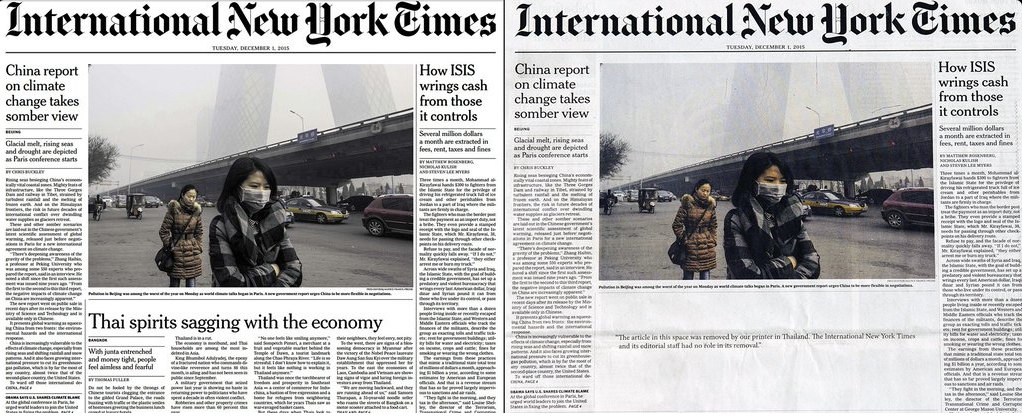 Dec. 1, 2015 International New York Times cover alongside censored version printed in Thailand.