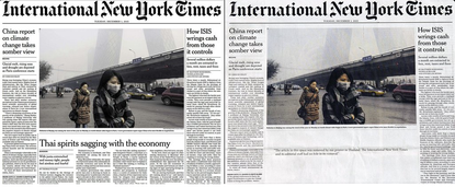 Dec. 1, 2015 International New York Times cover alongside censored version printed in Thailand.
