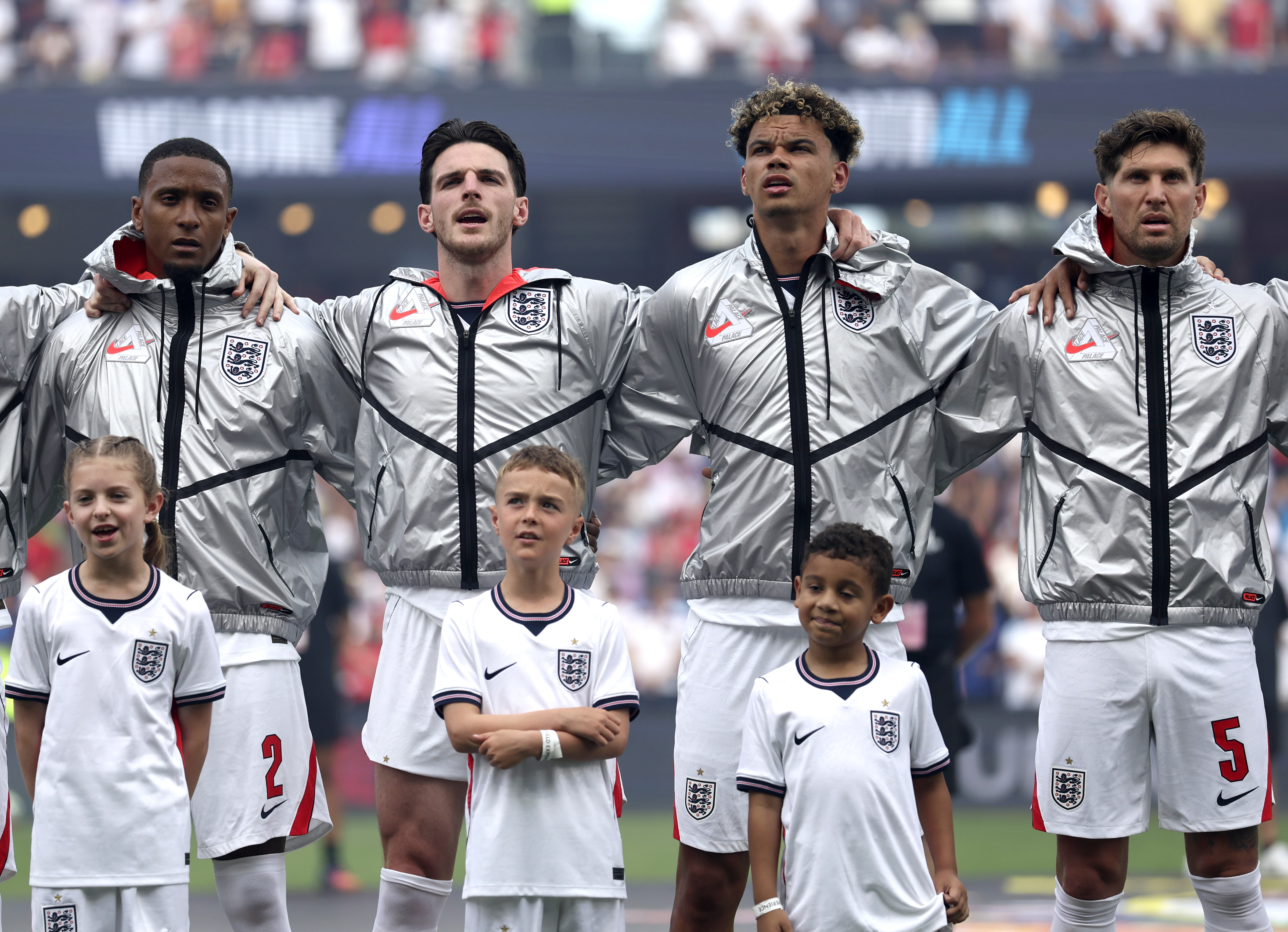 ORLANDO, FLORIDA - JUNE 10: (L-R) Ezri Konsa, Declan Rice, Nico O&amp;amp;apos;Reilly and John Stones #5 of England line up for the national anthem before the International Friendly match between England and Costa Rica at Inter&amp;amp;Co Stadium on June 10, 2026 in Orlando, Florida. (Photo by Eddie Keogh - The FA/The FA via Getty Images)
