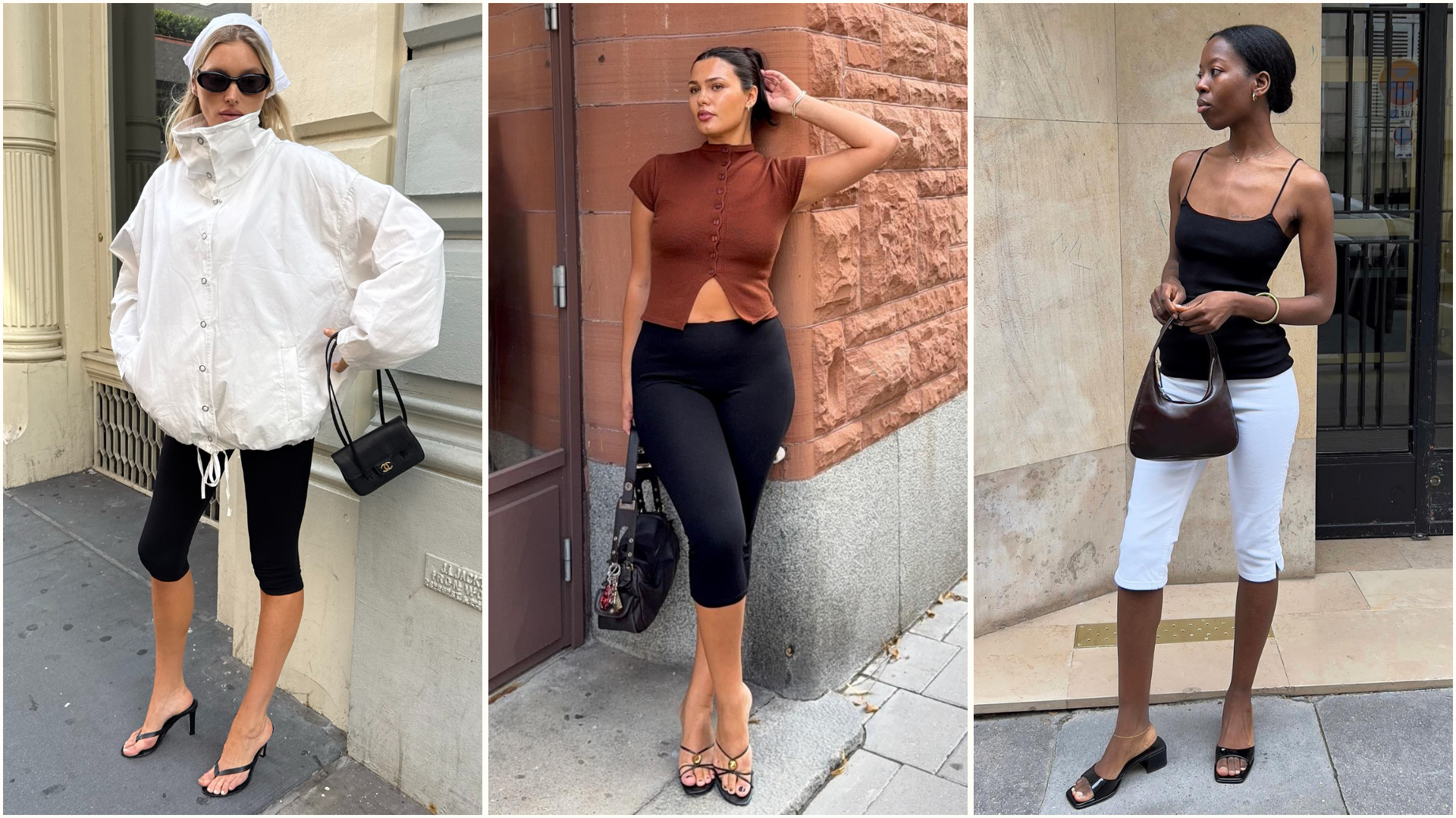 Three images of influencers wearing capri leggings, the first with a windbreaker, the second with a cap sleeve top and the third with a black camisole