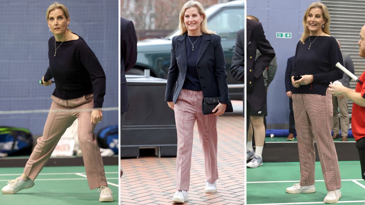 A composite of three pictures of Duchess Sophie wearing Puma trainers during a visit to the All England Open Badminton Championships 